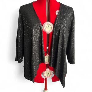 Eileen Fisher Silk Black Sequined Open Front Cardigan 1X Whimsygoth Glam